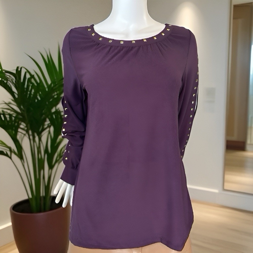 By Design Women's Purple Gold Stud Accent Open Sleeve Dress Top Blouse Sz L NWT!